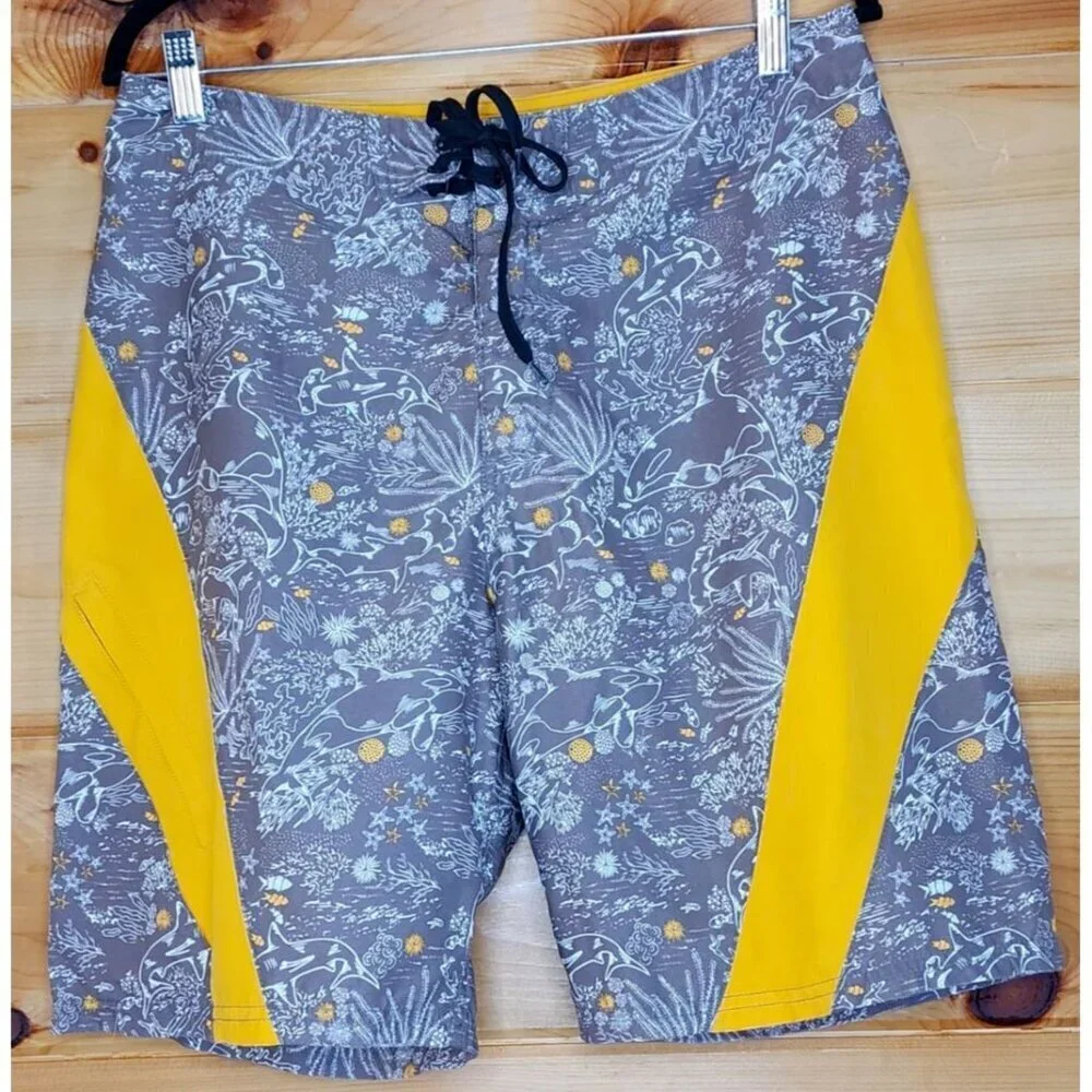 Beach Rays Men Beach Short Size 32 Swim Trunks Zipper pocket Yellow And Brown